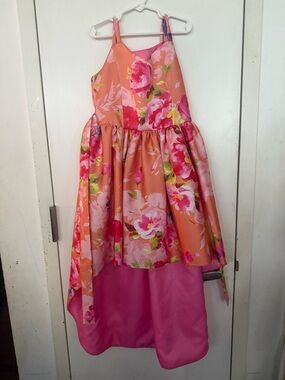 Floral High-Low Spaghetti Strap Satin Dress in Peach and Pink